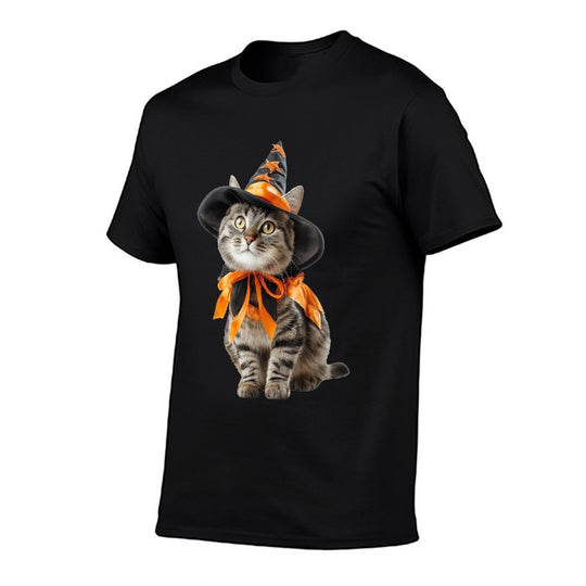 Cat Wearing Witch Wizard Costume Funny Halloween Graphic  Vintage-inspired T-Shirt