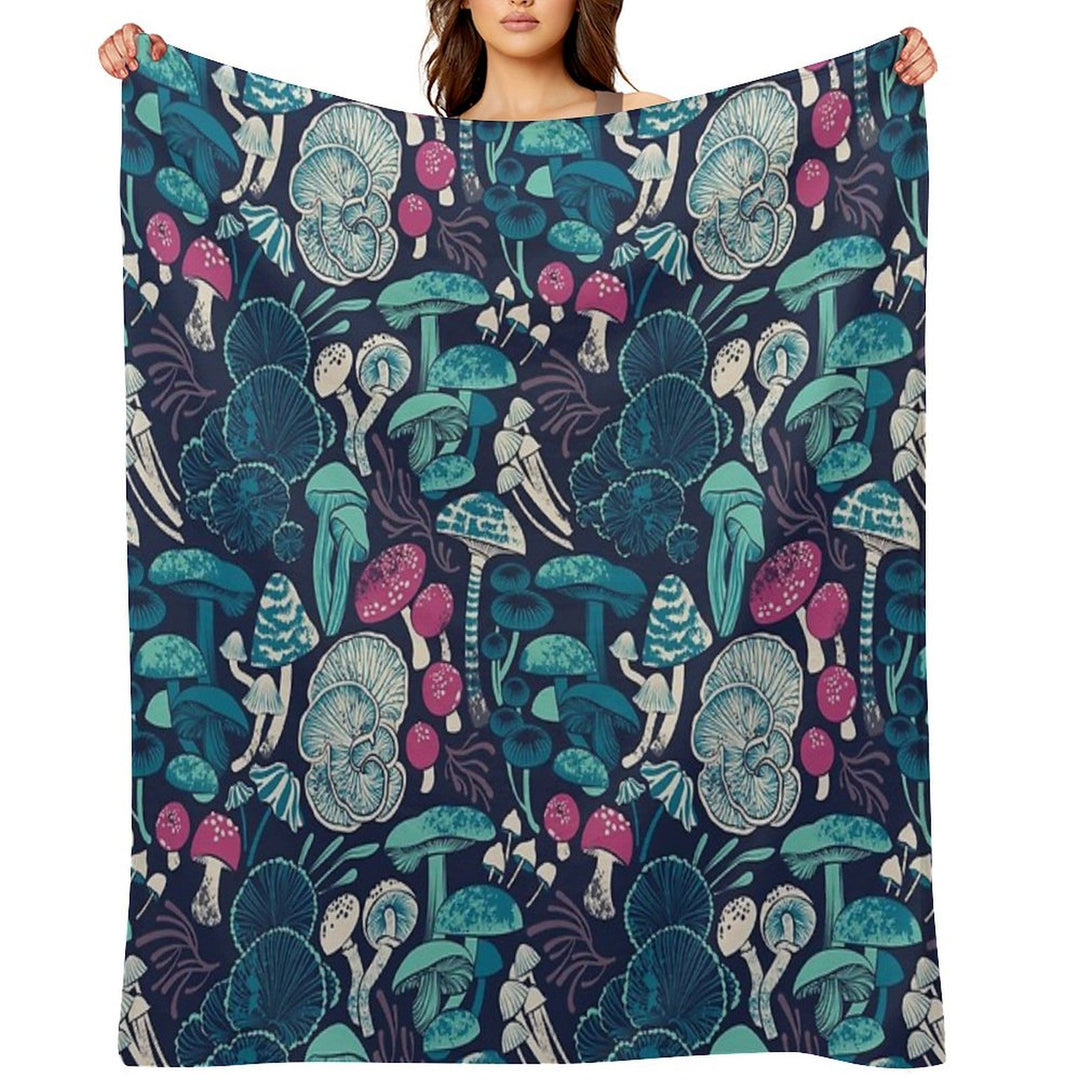 Mystical Fungi  Midnight Blue Background Mint Teal And Dark Pink Wild Mushrooms Easy Care Throw Blanket