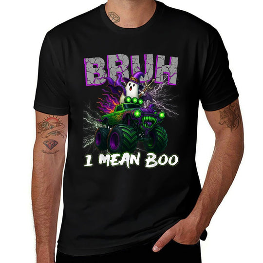 Bruh I Mean Boo Riding Monster Truck Halloween Boys Kids  Rolled Sleeves T-Shirt