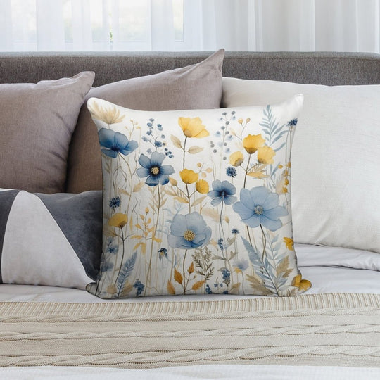 Blue And Yellow Wildflowers, Watercolour  Boho Flowers Soft Shrink-Resistant Throw Pillow