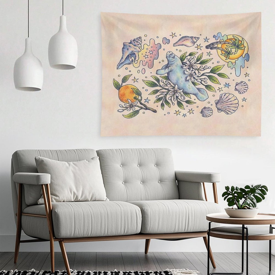 Orange Blossom Manatee  Ocean Tropical Art Tapestry