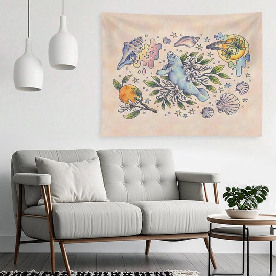Orange Blossom Manatee  Ocean Tropical Art Tapestry