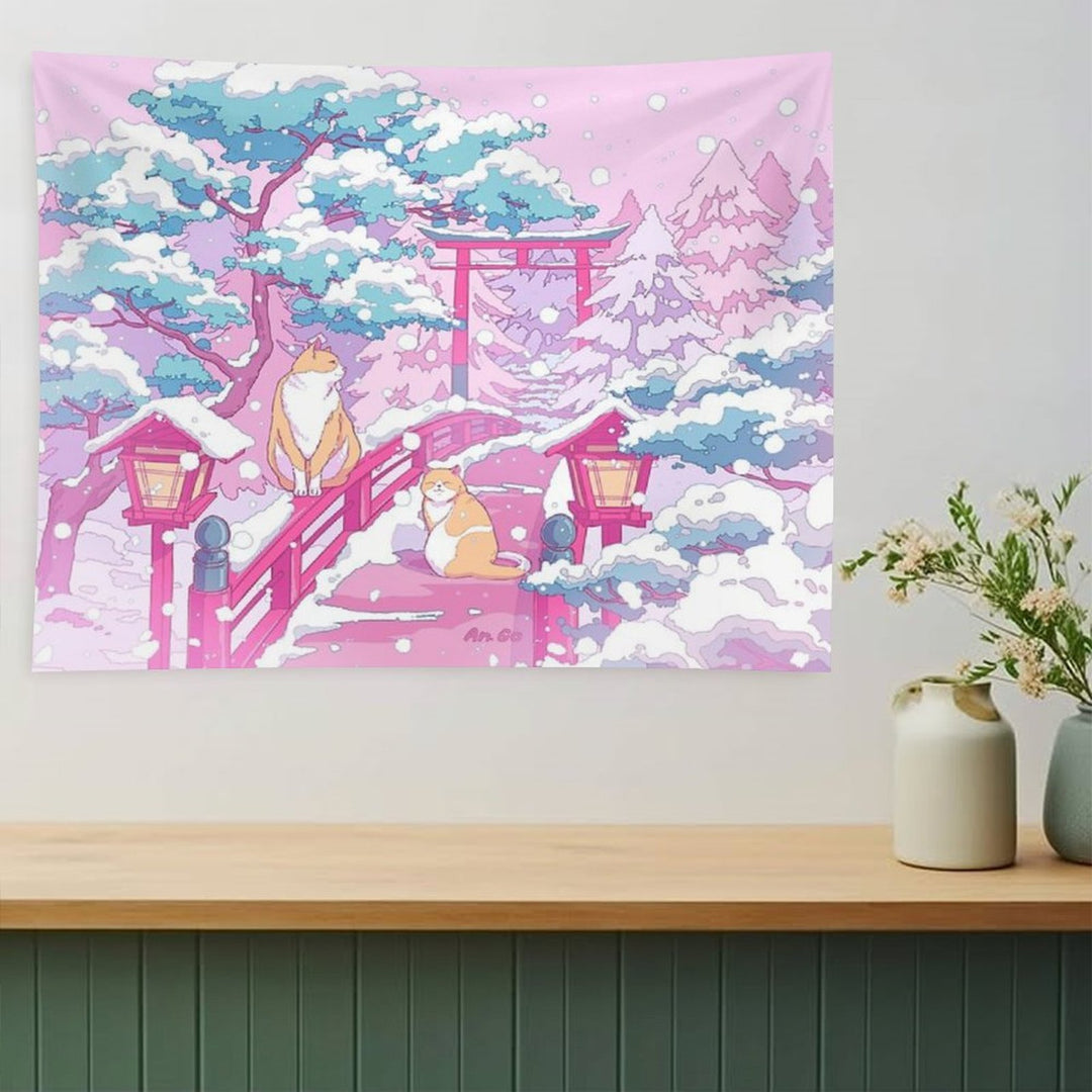 The Japanese Winter Shrine And Cute Cats Tapestry