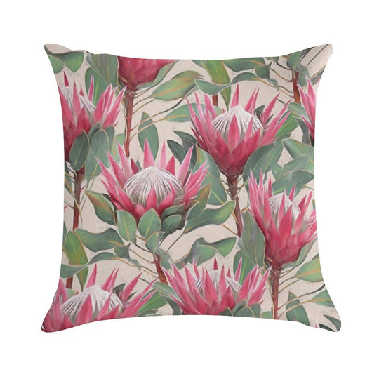 Painted King Proteas on Cream Soft Shrink-Resistant Throw Pillow