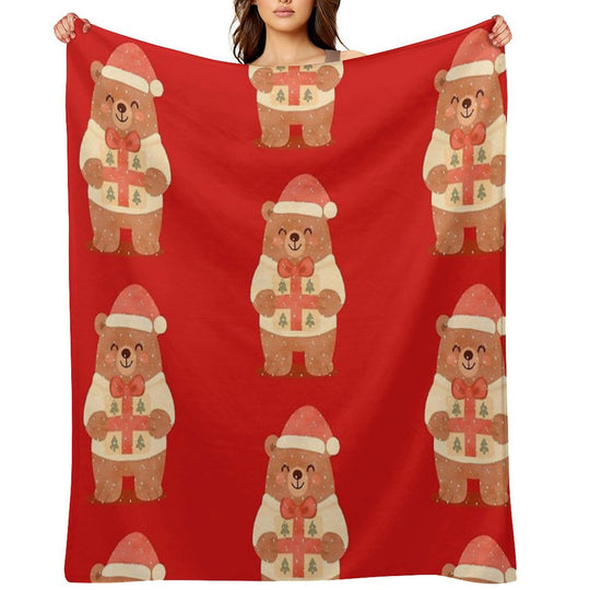 Cute Christmas Bear with Gift – Holiday Winter Illustration Travel-friendly Throw Blanket