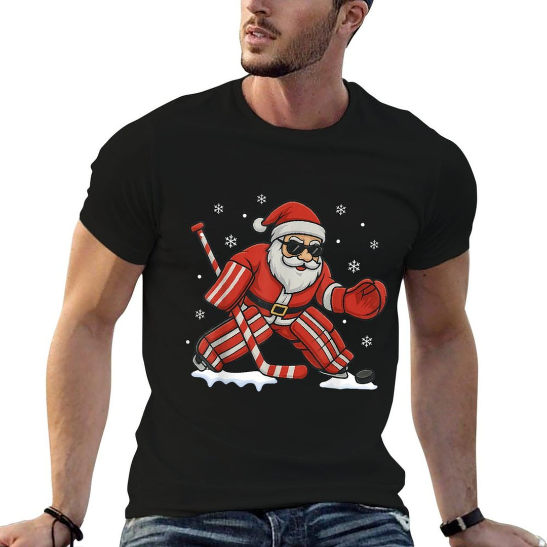 Santa Playing Ice Hockey Goalie Christmas  Tagless Design T-Shirt