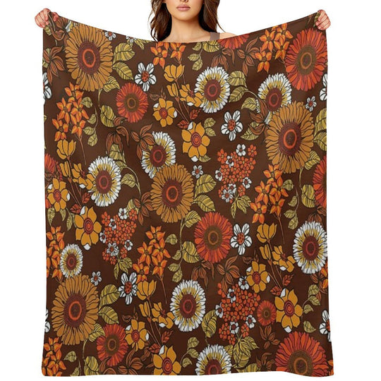 70s Vintage Boho Flowers, Orange, Browns, Hippie, Flower Power Velvety-soft Throw Blanket