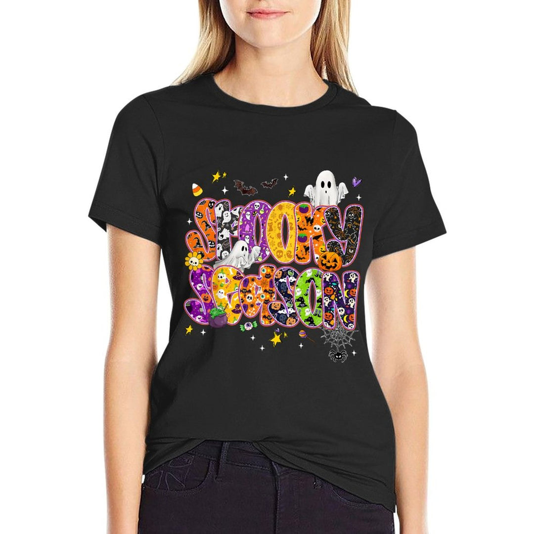 Cute Ghost Groovy Happy Halloween Spooky Season Floral  Rolled Sleeves T-Shirt