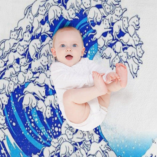 Kanagawa Cat Wave White Machine-washable Throw Blanket