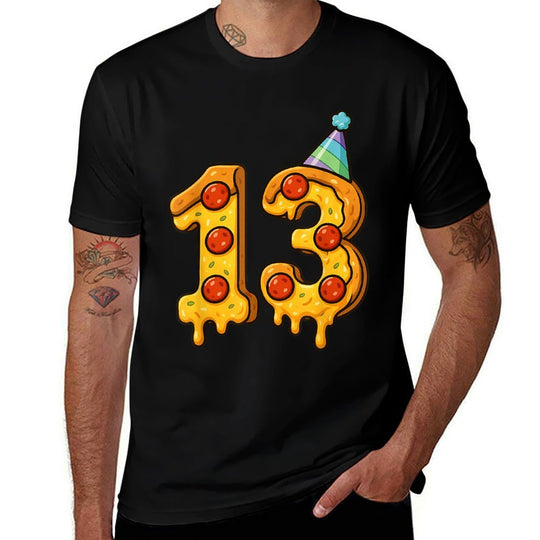 Pizza 13th Birthday 13 Years Old Party Hat Bday Boy Girl Kid  High-quality Stitching T-Shirt