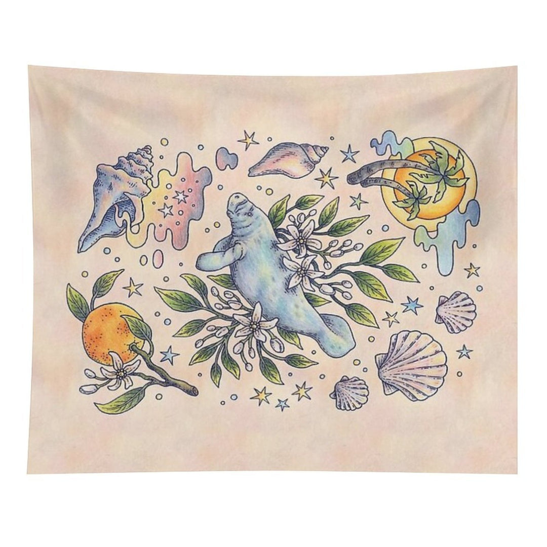 Orange Blossom Manatee  Ocean Tropical Art Tapestry