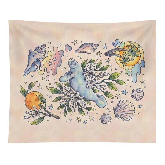 Orange Blossom Manatee  Ocean Tropical Art Tapestry