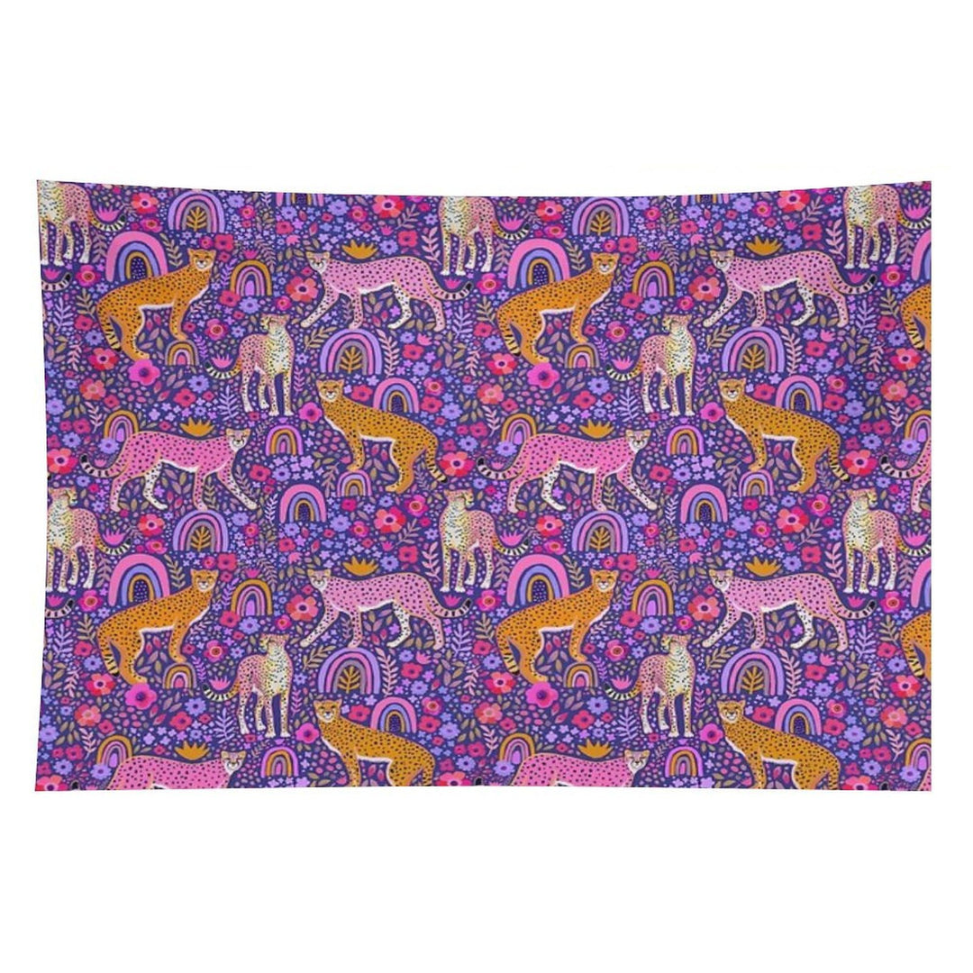 Cheetahs in A Rainbow Garden on Navy Blue Tapestry