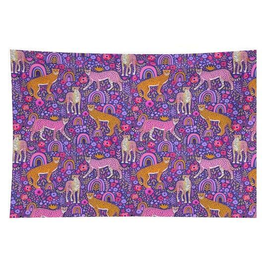Cheetahs in A Rainbow Garden on Navy Blue Tapestry
