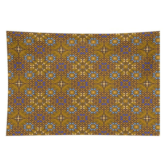 Golden Brown Geometric Composition with Turquoise Flowers Tapestry