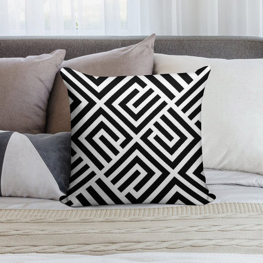 LABYRINTH TILES PATTERN BLACK AND WHITE, BY SUBGIRL Soft Short Plush Fabric Throw Pillow