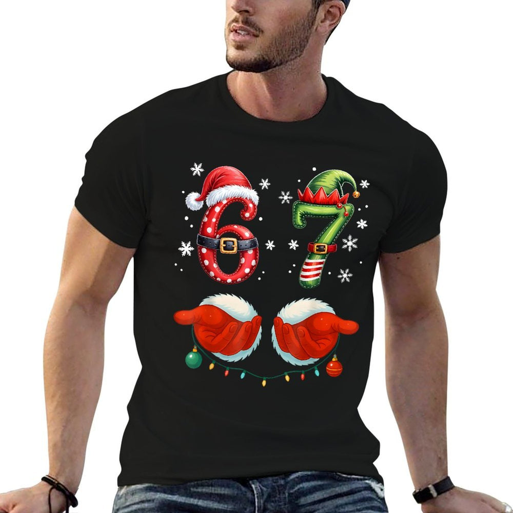 Funny Six Seven 6 7 Meme Christmas Humor Santa Elf Number  Slim-fit Cut T-Shirt