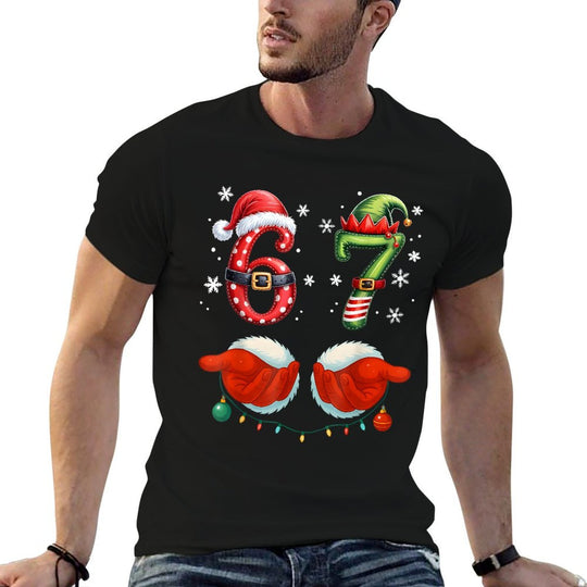 Funny Six Seven 6 7 Meme Christmas Humor Santa Elf Number  Slim-fit Cut T-Shirt