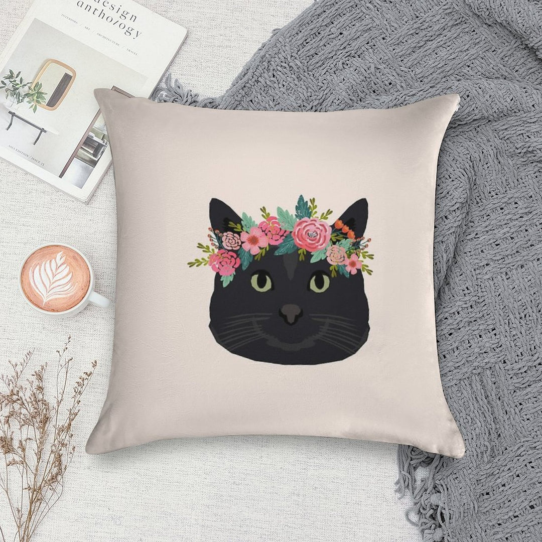 Black Cat Breed Floral Crown Black Cats Lover Pure Breed Gifts Soft Bedroom Essential Throw Pillow