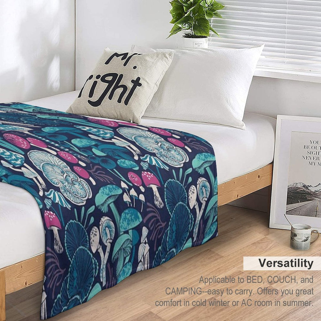 Mystical Fungi  Midnight Blue Background Mint Teal And Dark Pink Wild Mushrooms Easy Care Throw Blanket