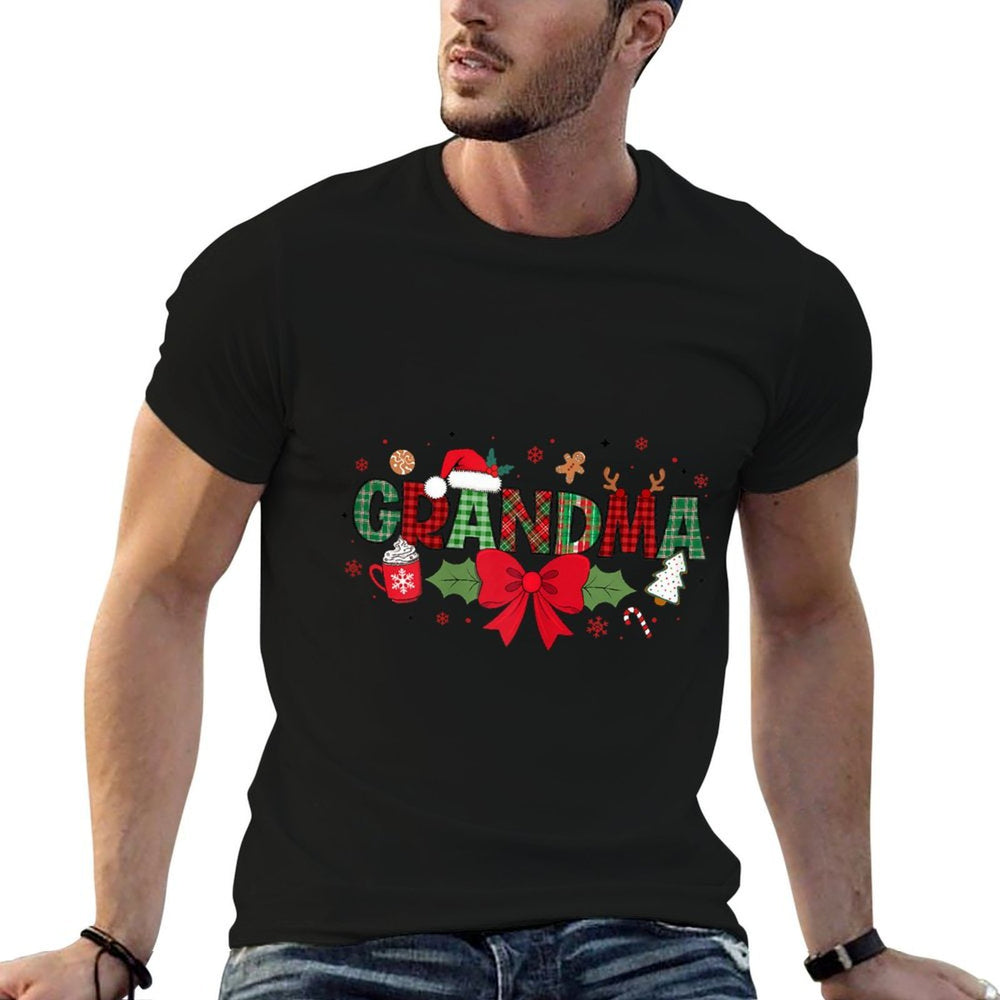 Christmas Grandma Coquette Bow Grandma Claus Xmas Plaid Tree  Fade-proof Color T-Shirt