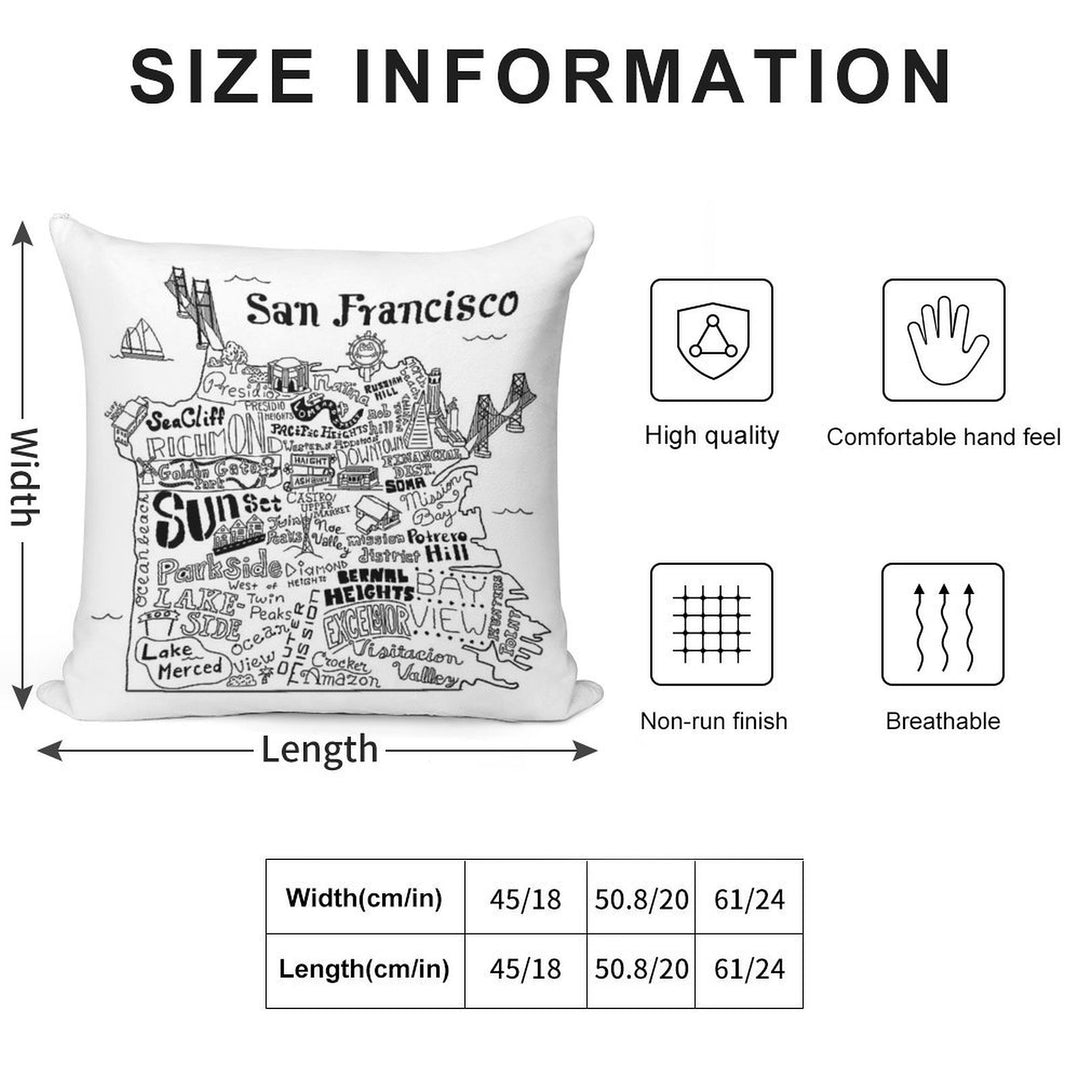 San Francisco Illustrated Map Soft High-Density Material Throw Pillow