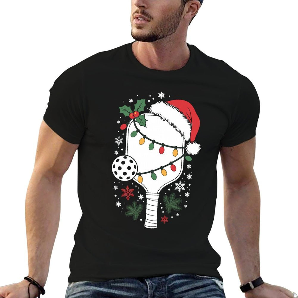 Funny Pickleball Christmas Lights And Santa Hat Snowflakes  Cotton T-Shirt