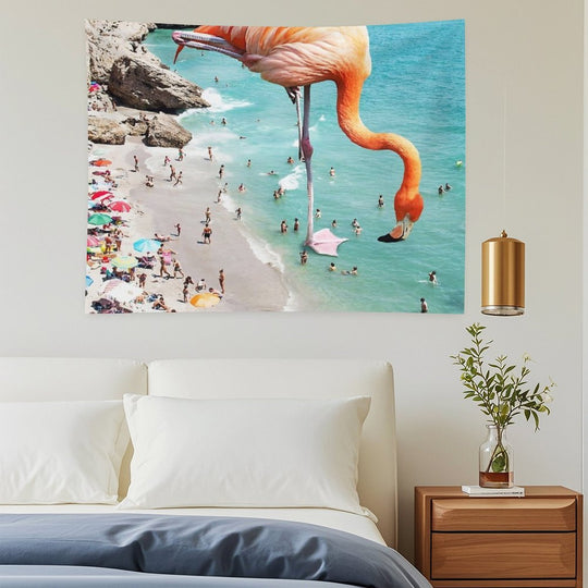 Flamingos on The Beach, Wildlife Surrealism Birds, Nature Flamingo Fantasy Beach Summer Photography Tapestry