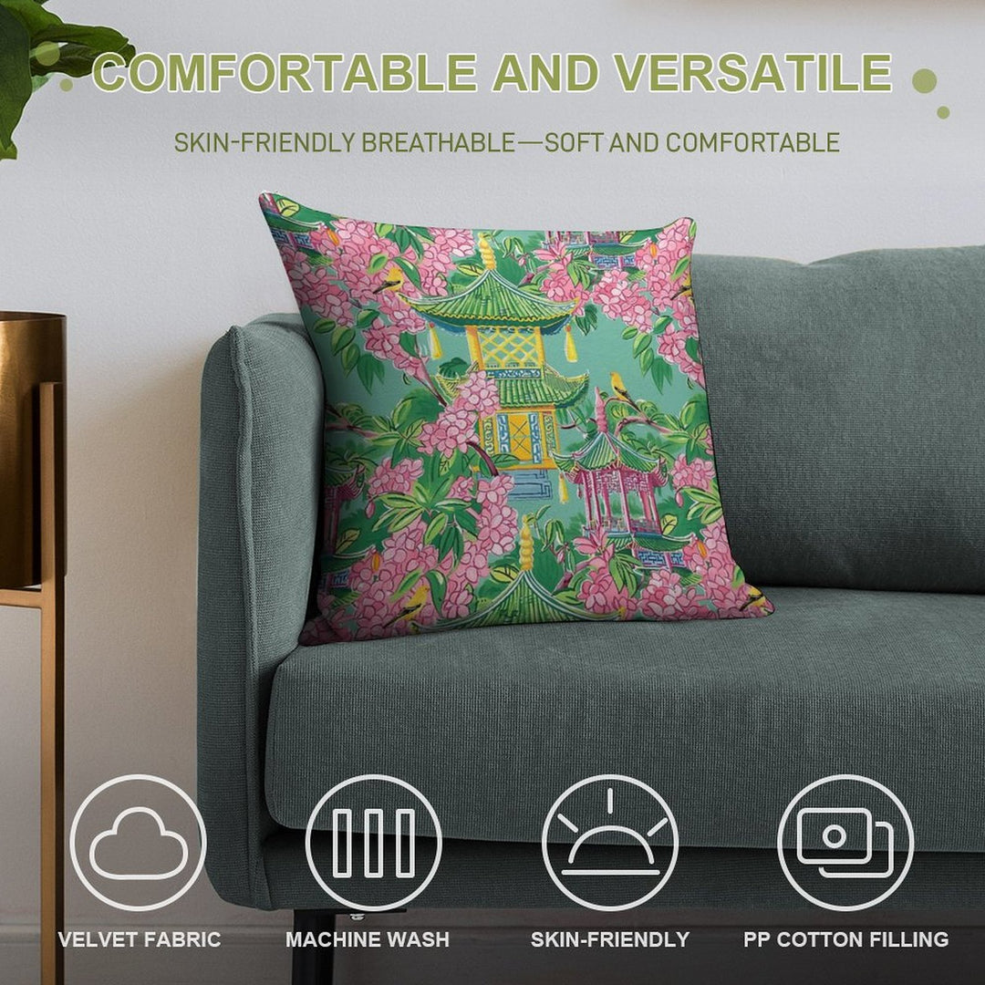 Preppy Pink Chinoiserie Pagodas And Cherry Blossom on Green Soft Easy Maintenance Throw Pillow
