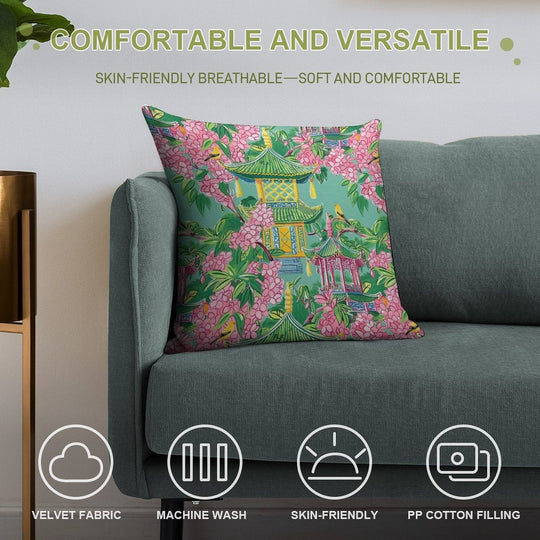 Preppy Pink Chinoiserie Pagodas And Cherry Blossom on Green Soft Easy Maintenance Throw Pillow