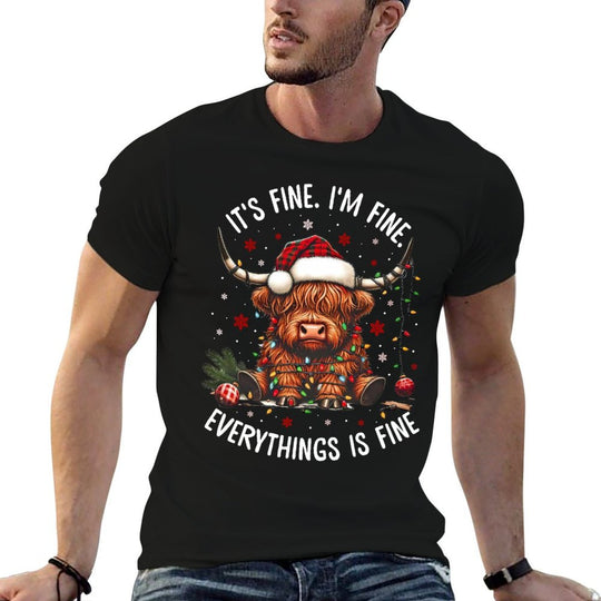 Christmas Highland Cow Its Fine Im Fine Everything Is Fine  Rolled Sleeves T-Shirt