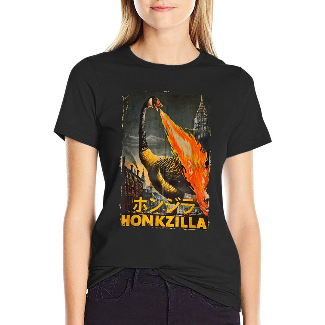 Vintage Honkzilla Silly Goose Funny Goose Meme Catzilla  Ribbed Collar T-Shirt