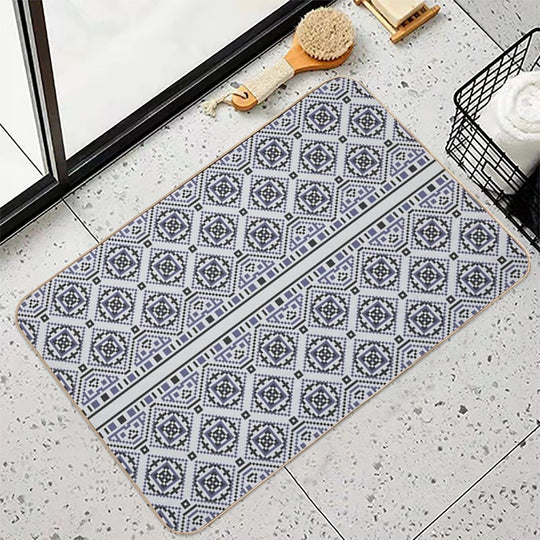Silver And Blue Geometric Motif  Multi-Purpose Bath Mat