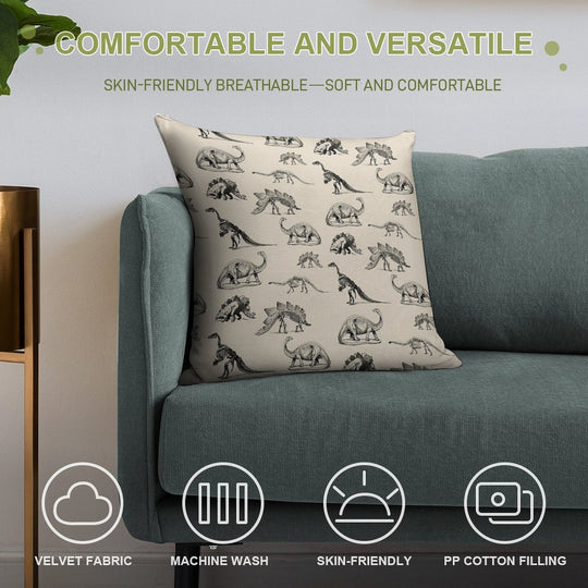 Vintage Museum Dinosaur Skeleton Illustrations, Black & Cream Dinos Soft Reinforced Edging Throw Pillow