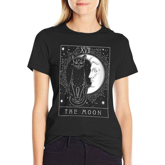 Womens Tarot Card Crescent Moon And Cat Graphic  Easy-care T-Shirt