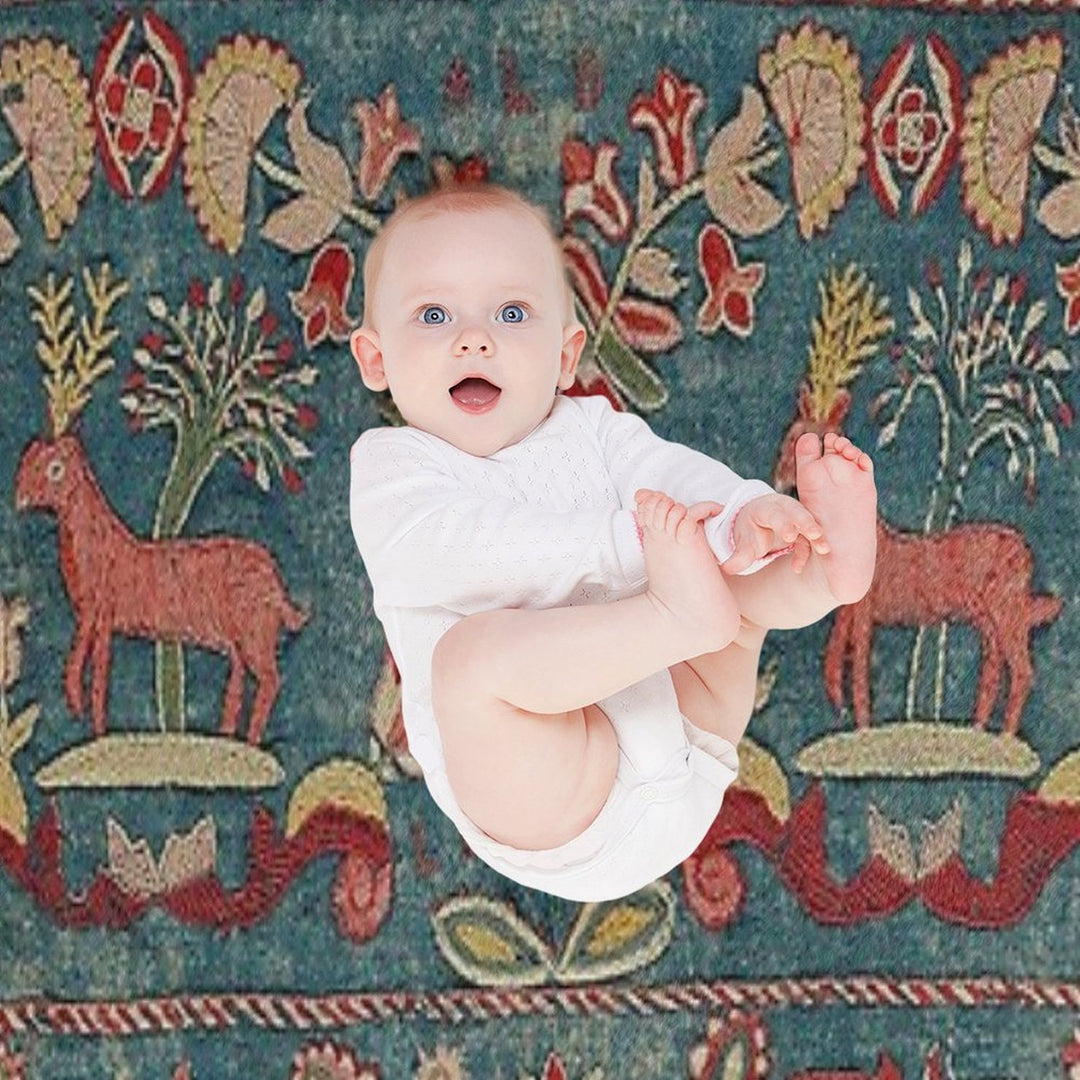 ANTIQUE  RED BLUE SWEDISH TAPESTRY WITH DEERS AND FLOWERS Shrink-resistant Throw Blanket