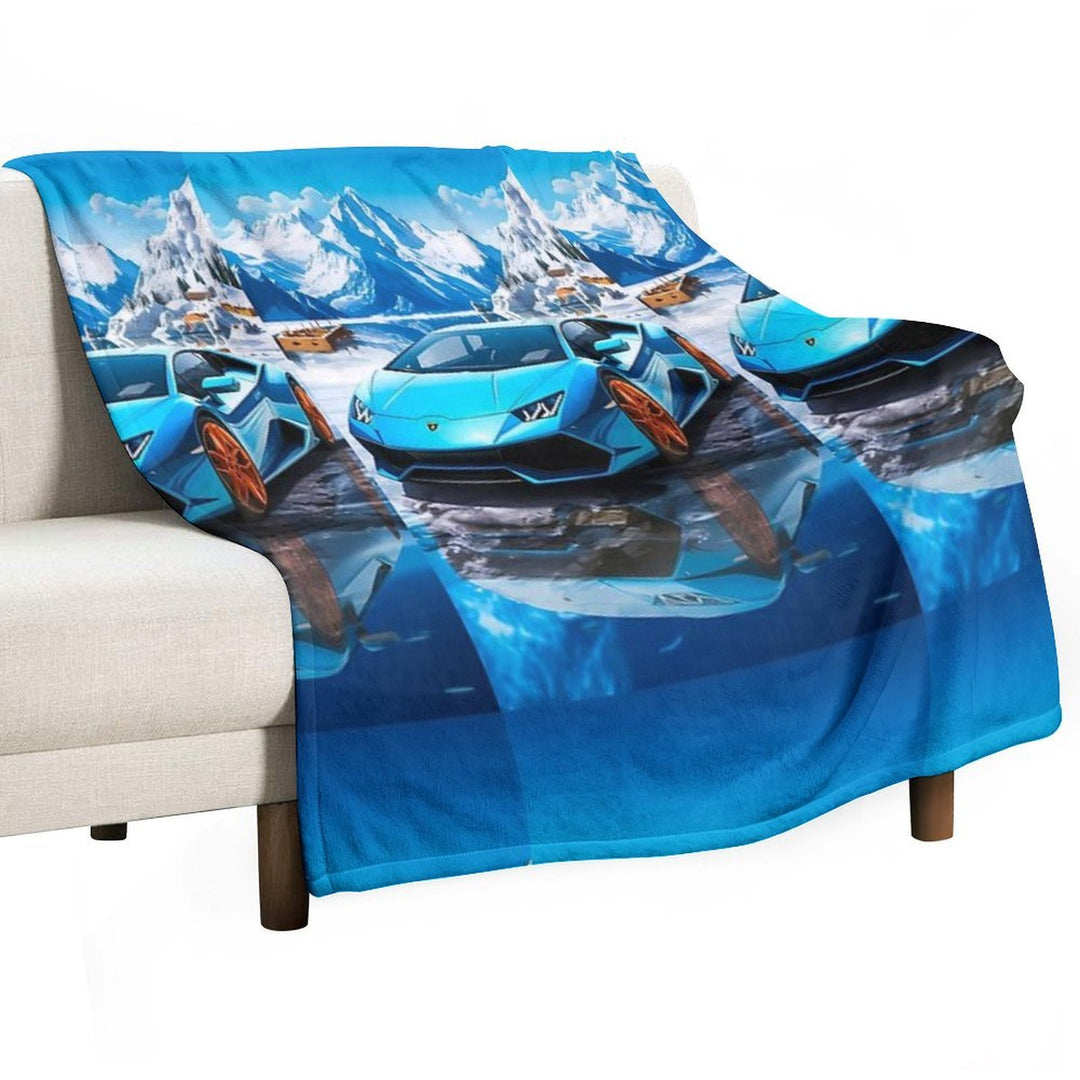 Blue Lamborghini Huracan, Icy Majesty Supercar, Sports Car On Snowy Alpine Backdrop, High Octane Wall Art Sustainable Throw Blanket