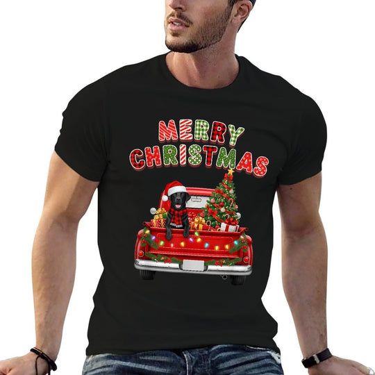 Black Lab Labrador Dog Red Truck Merry Christmas Lights Xmas Comfortable T-Shirt