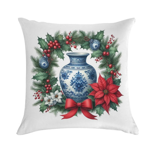 Chinoiserie Christmas Wreath with Blue White Porcelain Ginger Jar Soft Luxury Feel Throw Pillow