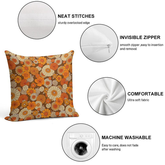 70s Retro Daisies, Vintage Flower Power, Orange And Brown, Boho, Soft Ultra-Soft Texture Throw Pillow