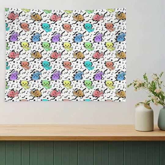 Axolotl Party in Rainbow Colors on Black And White Tapestry