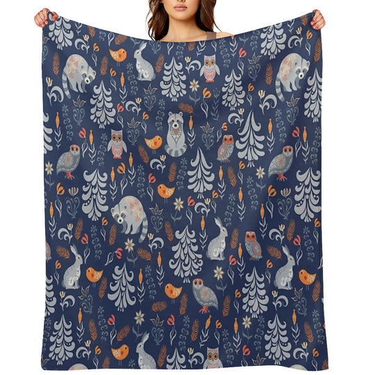 Fairy Forest with Animals And Birds. Raccoons, Owls, Bunnies And Little Chick. All-season Throw Blanket