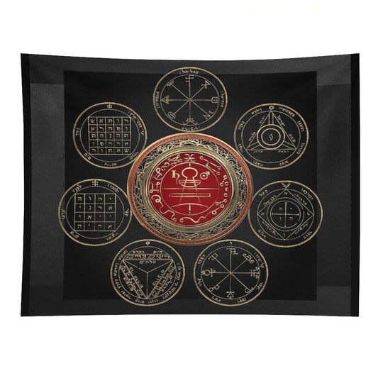 Gold Seal of Solomon over Seven Pentacles of Saturn on Black Canvas Tapestry