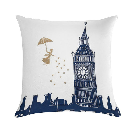 Mary Poppins And Big Ben Linocut Soft Hidden Zipper Throw Pillow