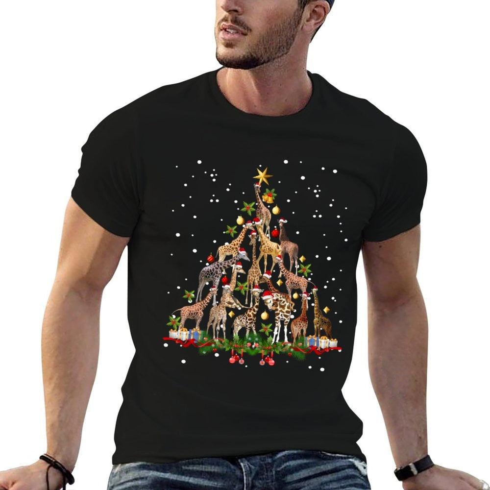 Funny Christmas Giraffe Santa Hat Xmas Tree Ornament Holiday  Oversized Silhouette T-Shirt