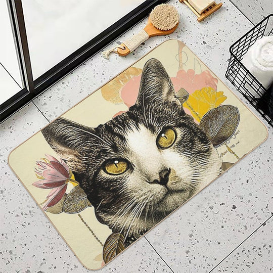 Whimsical Floral Cat Artwork Print  Anti-Trip Bath Mat