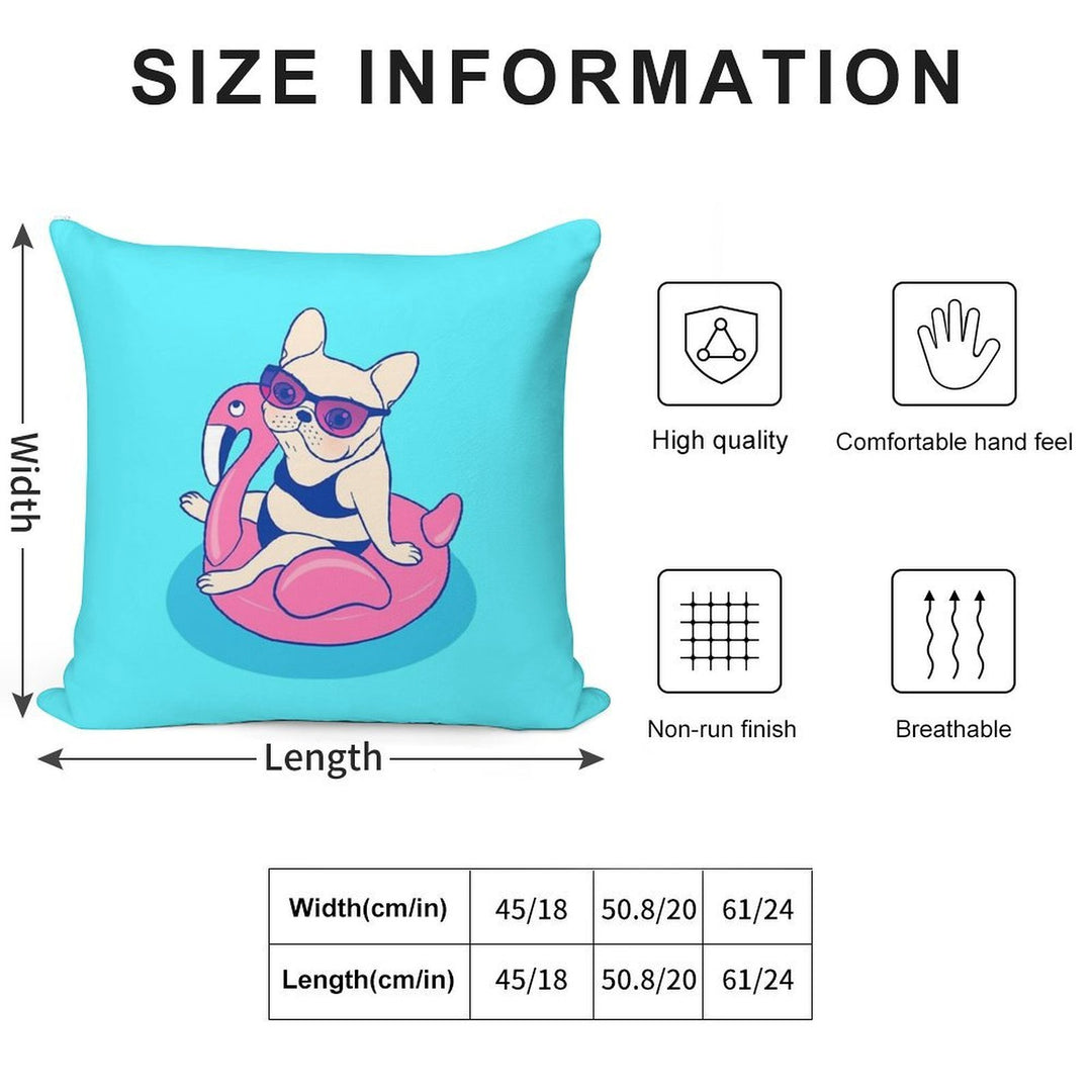 Frenchie Enjoys Summer on Flamingo Pool Float in Swimming Pool Soft Hidden Zipper Throw Pillow