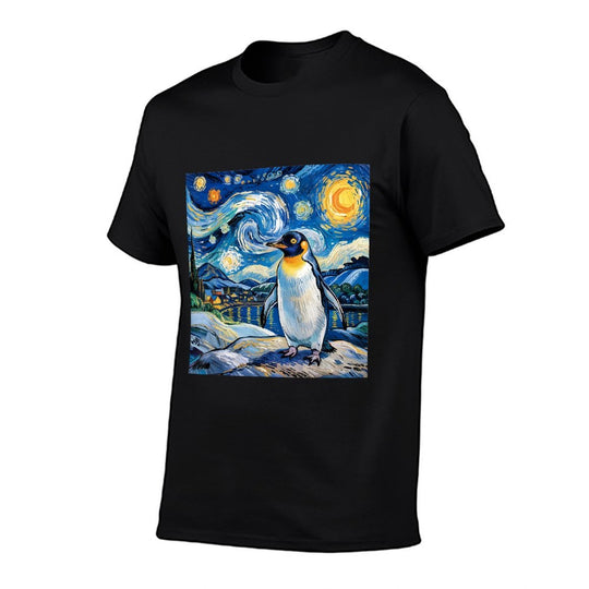 Penguin Starry Night Funny Penguin Art Van Gogh Style  Heathered Texture T-Shirt