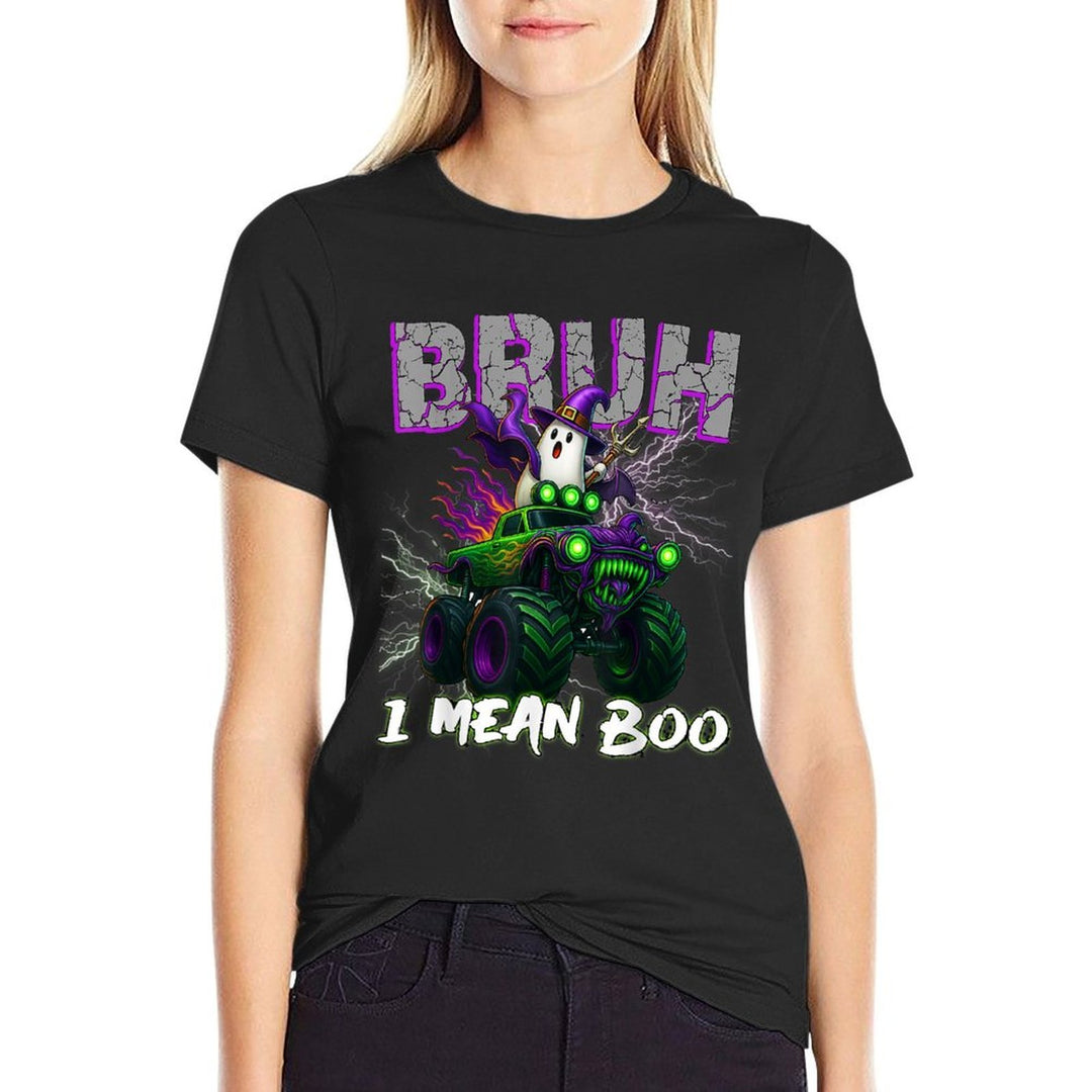 Bruh I Mean Boo Riding Monster Truck Halloween Boys Kids  Rolled Sleeves T-Shirt
