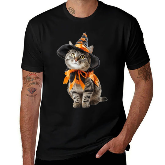 Cat Wearing Witch Wizard Costume Funny Halloween Graphic  Vintage-inspired T-Shirt